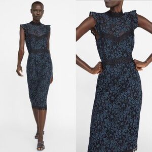 ZARA Teal Guipure Lace Mock Neck Midi Dress Fitted Cocktail XS